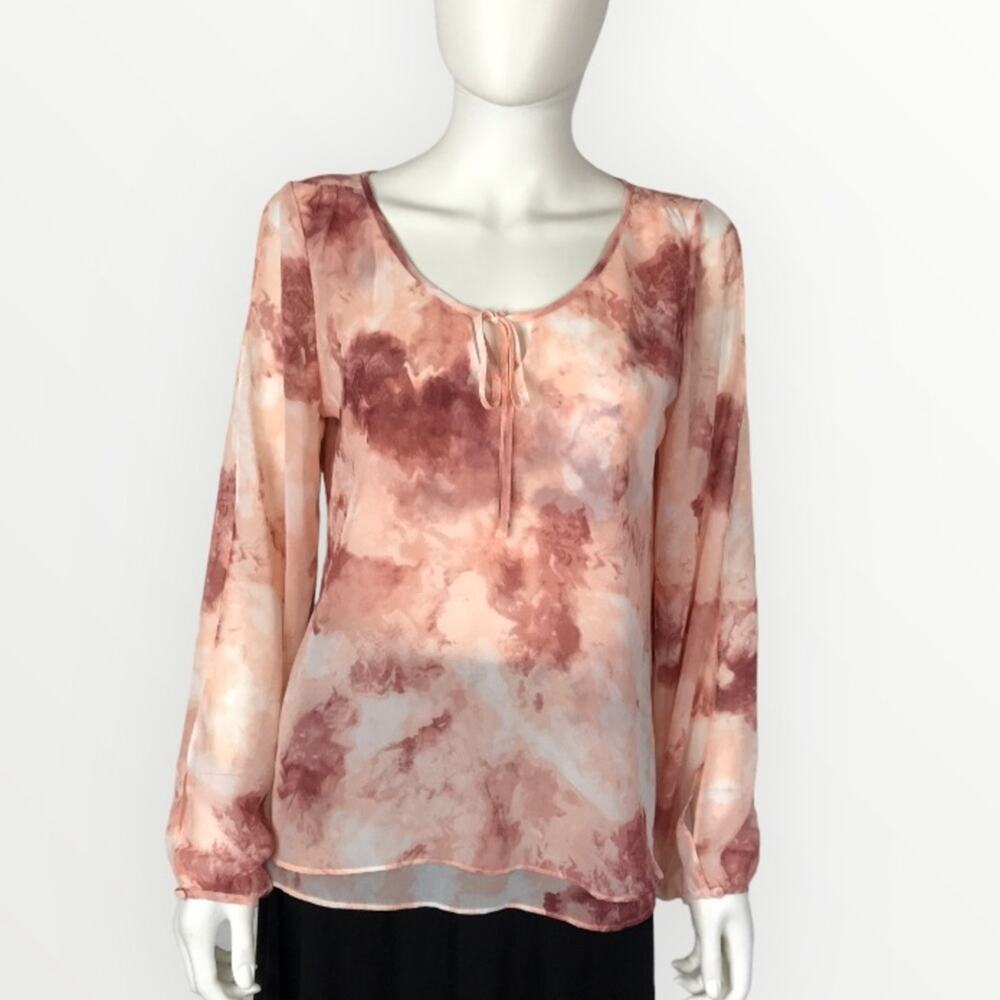 WHBM Chiffon Blouse Pink & Cream White Watercolor Long Sleeved Top Size 6